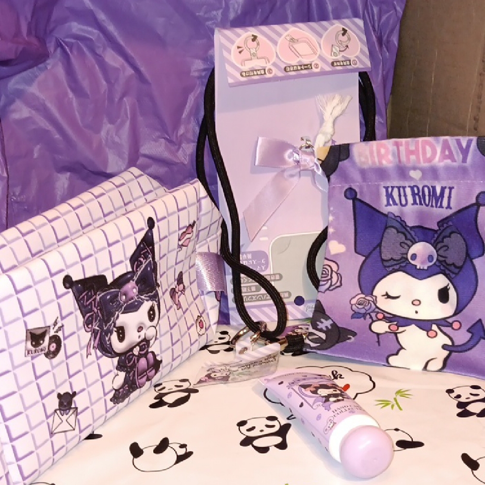 Sanrio Kuromi Set. Phone lanyard make up bag lotion and happy birthday bag